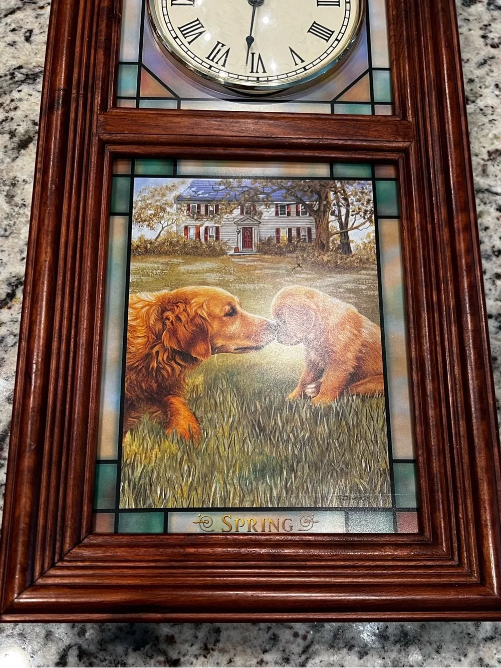 VTG Danbury Mint Golden Retriever Stained Glass Wall Clock Spring Scene